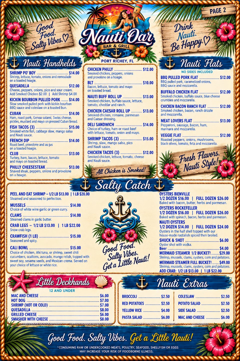 Menu page with oysters and fish tacos.