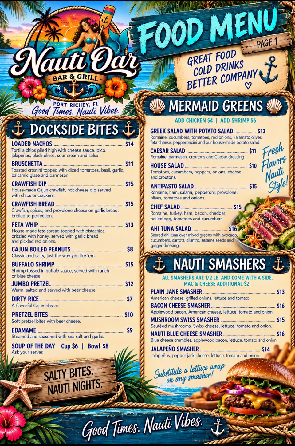 Printed menu featuring salads and handhelds.